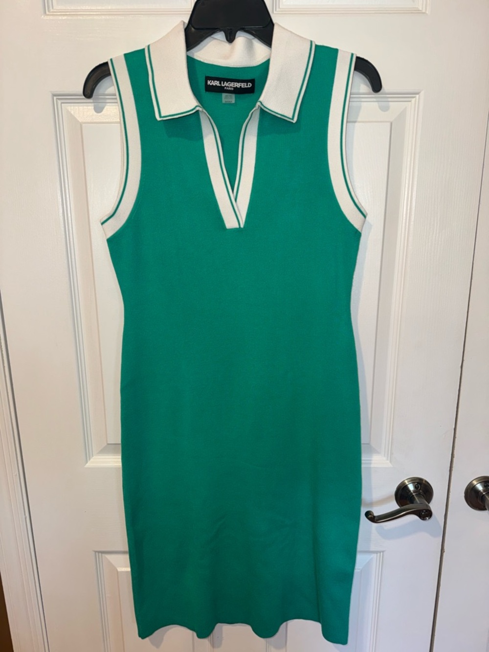 Karl Lagerfeld Green Knit Sleeveless Polo Dress with White Trim
